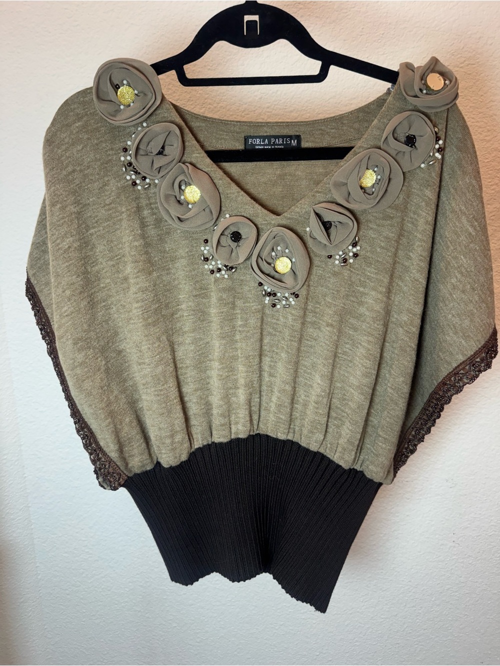 Forla Paris Brown Floral Embellished Knit Sweater Size M